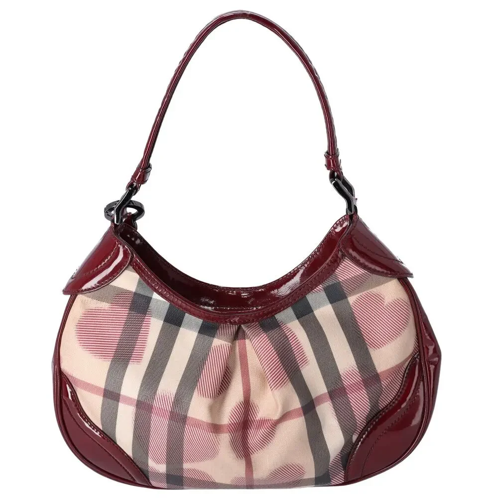 Burberry Nova Check Heart Half Moon Shoulder Bag Bordeaux Beige Multi - Picture 4 of 8